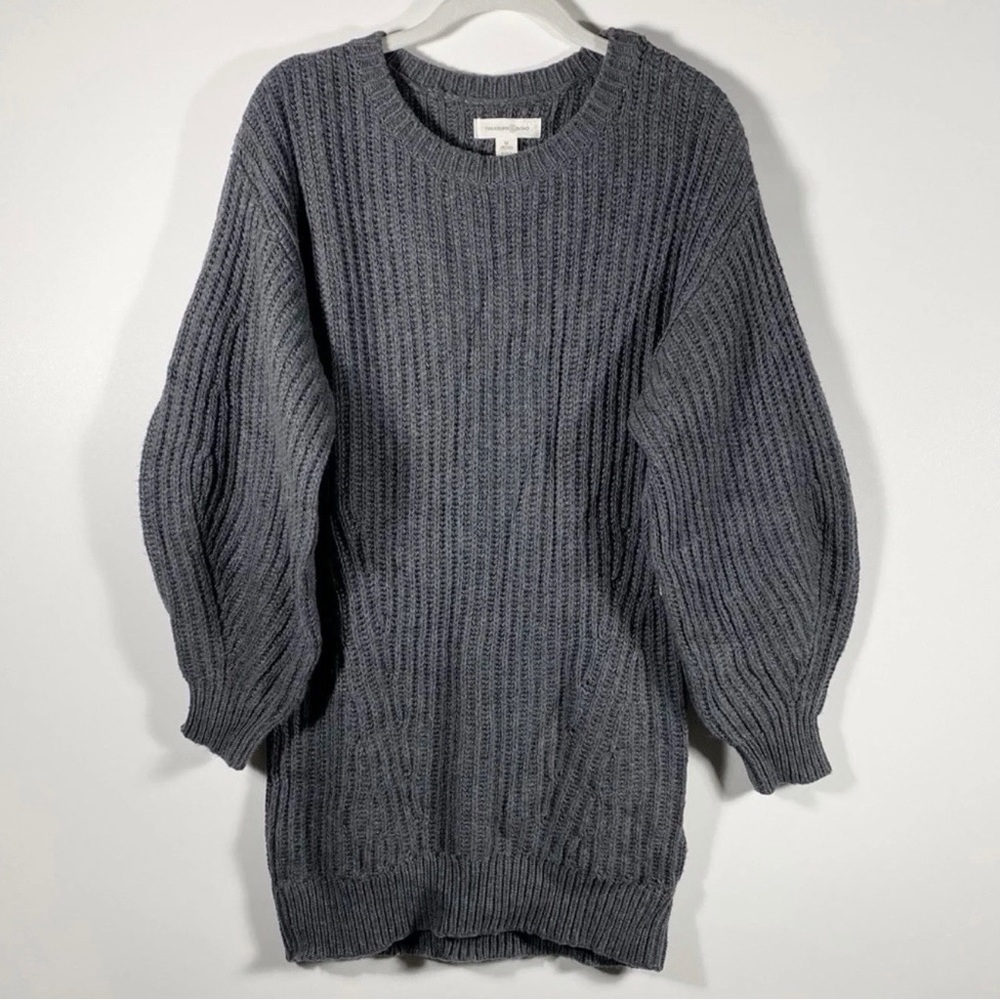Treasure & Bond Womens Knit Tunic Sweater Sz M Gray Ribbed Ballon Sleeve Cozy